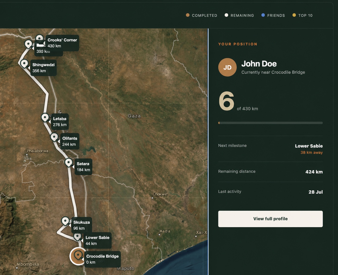The MyTrail member map showing John Doe’s Great Kruger Trail progress, camp milestones and route